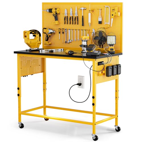 Work Bench, Ferreteriai 47" Heavy Duty Workbench with Power Outlet & USB-C, Exclusive Yellow Side Battery Holder, Adjustable Height, 2100LB Capacity, Locking Wheels for Garage Workshop Ferreteriai