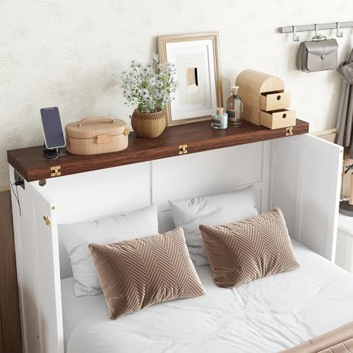Enoioyonay Full Size Murphy Cabinet Bed with Storage Drawers, Wood Murphy Cabinet Bed with Charging Station, USB Port, Save Space, No Box Spring Needed, for Guest Bedroom, Living Room, White-Walnut Enoioyonay