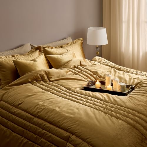 MUSSEL Bedding Comforter Set Queen Size 3 Pieces-Luxury Shiny Gold Striped Lightweight Bedroom Comforter Queen Size,Soft Velvet Bed Set with 2 Shams MUSSEL