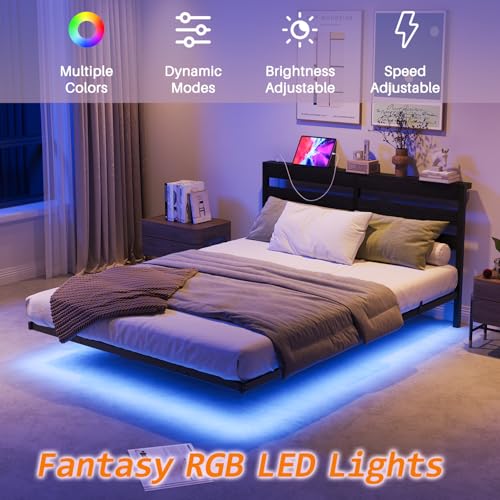 VERFARM Floating Bed Frame Full Size with USB Charging Station, LED Bed Frame with Storage Headboard, Black Metal Platform Bed Double Size, No Box Spring Needed, Noise Free, Easy to Assemble VERFARM