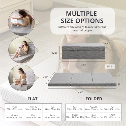 CH Charme House Folding Mattress, 4 Inch Single Tri Folding Memory Foam Mattress for Camping Guest Bed, Washable Cover & Non-Slip Bottom, 75" x 25" x 4", Grey CH CHARME HOUSE