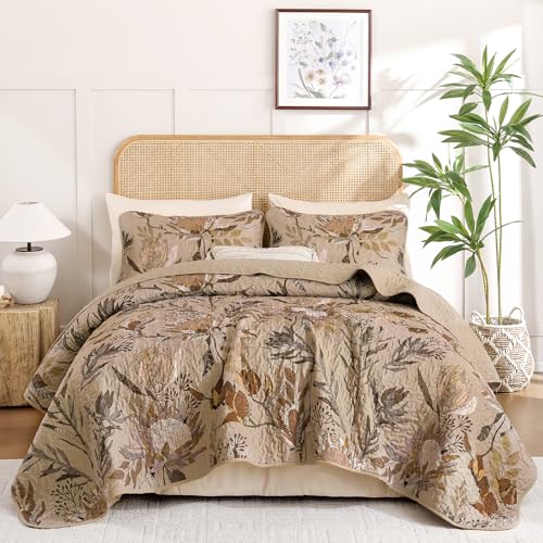 Dintszyayue Quilt Queen Size Brown, 3 Pieces Boho Floral Bedspread Bedding for Queen Size Bed, Soft Lightweight Microfiber Coverlet Set for All Season Quilt with 2 Pillowcases Dintszyayue