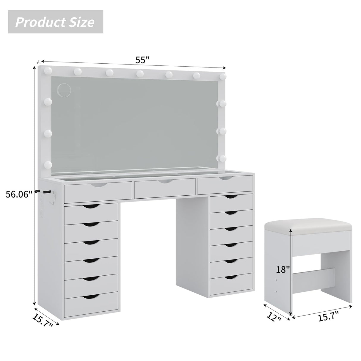 Yanosaku Vanity Desk with Mirror and Lights, Makeup Table with Charging Station, 3 Color Lighting Modes, 15 Drawers Dressing Table, Vanity with Chair for Bedroom, White Yanosaku