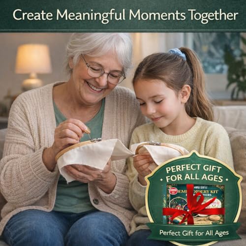 Moni Crafts - Embroidery Kit for Beginners Adults β Learn Embroidery Stitches, Complete Starter Kit with 4 Pre-Printed Patterns (Mushroom & Floral), Threads, Needles & Hoop β Video Tutorials