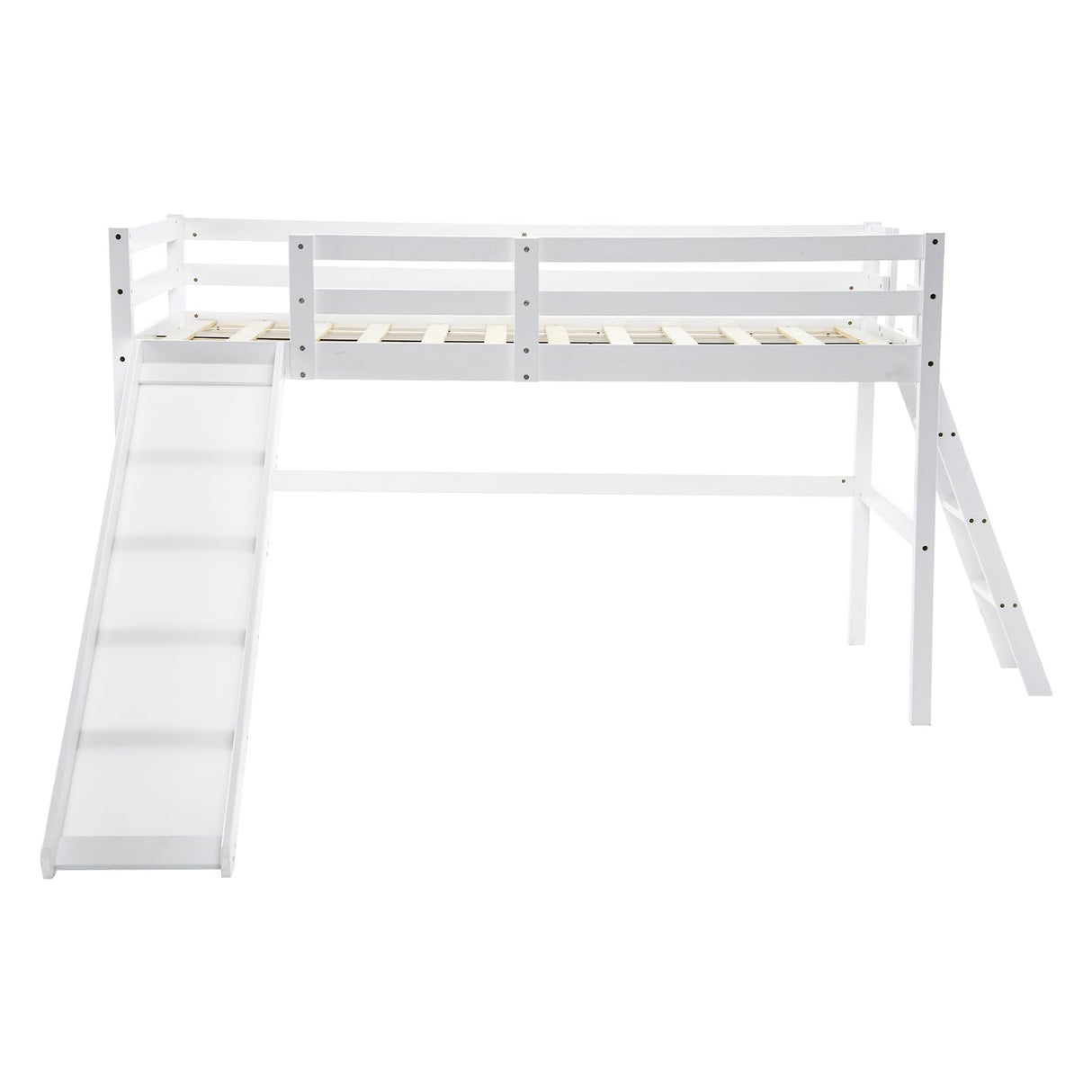 VINGLI Loft Bed with Slide, Twin, Space Saving Kids Low Loft Bed with Guardrail and Ladder, Pine Wood and Sturdy Bed Frame for Boys and Girls, White VINGLI