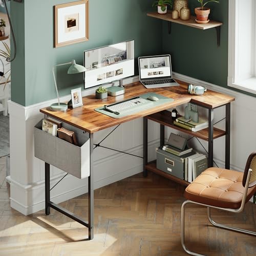 CubiCubi 40 Inch Small L Shaped Computer Desk with Storage Shelves Home Office Corner Desk Study Writing Table, Deep Brown CubiCubi