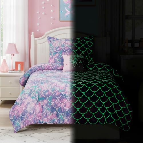 Wink Deer Twin Comforter Set for Girls-3 Pieces Mermaid Glow in the Dark Twin Bedding Sets for Kids,1 Comforter,1 Sham and 1 Decor Pillow Wink Deer