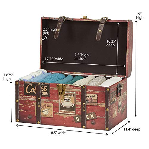 Household Essentials Medium Decorative Trunk, Coffee Shop Faux Decoupage, Antique Exterior, Leather and Metal Accents, Fabric Interior, Hinged Lid, Brown Household Essentials
