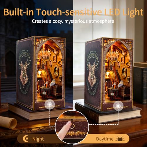 BELEEV Book Nook Kit - DIY Miniature Wooden Booknook with LED Lights, Dust Cover 3D Puzzle Bookend Bookshelf Decor Gift for Adults Teens - Magic Academy