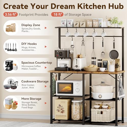 YASONIC Coffee Bar, Bakers Rack with Storage, 34.3 Inches Microwave Stand, 4 Tier Kitchen Shelves Appliance Storage, 14 S Hooks Large Coffee Station for Spices, Pots and Pans, Rustic Brown