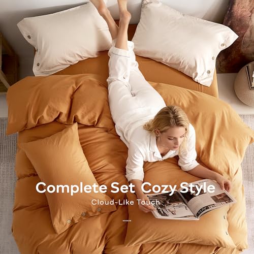 JELLYMONI 100% Washed Cotton Duvet Cover Full – Soft, Breathable Linen-Look Bedding with Natural Wrinkle Texture, Button Closure, 3-Piece Set (Amber Orange, 80"x90") JELLYMONI