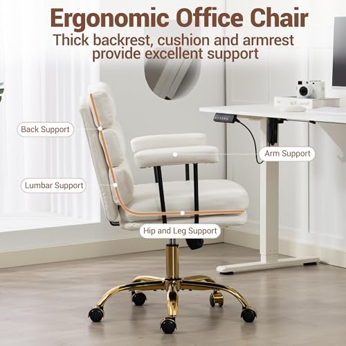 WiNVO Faux Leather Home Office Desk Chair, Gold Base Makeup Vanity Chair with Wheels, Padded Seat and Armrests, Adjustable Height Swivel Executive Computer Chair, White WiNVO
