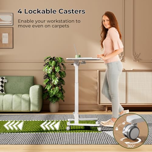Gibbon Mounts Foldable Standing Desk,Small Mobile Sit-Stand Desk with 90 Tiltable Top,Rolling Rising Laptop Workstation Adjustable Height,Portable Table on Hidden Wheels/4 Lockable Casters,White Gibbon Mounts