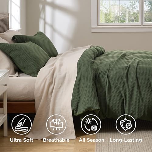 Bedsure Luxury Waffle Duvet Cover King Size - Textured Duvet Cover Set, Soft, Breathable Bedding Set (104"x90") with 2 Pillow Shams for All Season, Olive Green, Comforter Not Included Bedsure