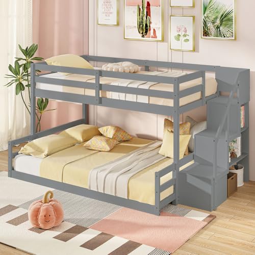 Giantex Twin Over Full Bunk Bed with Stairs, Solid Wood Floor Bunk Bed ...