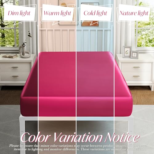 VACVELT Cot Fitted Sheet, 31 x 75 Inch Hot Pink Cot Sheets, Ultra Soft and Breathable Satin Bed Cover Snug Fit for Narrow Twin/RV Bunk/Camper Bunk/Guest Beds/Trifold Mattress VACVELT