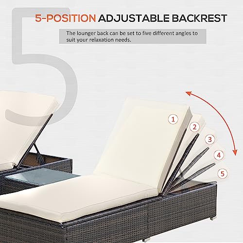 Outsunny Chaise Lounge Set of 2 with 5 Angle Backrest, Outdoor Coffee Table, Water Repellent Cushions, PE Rattan Wicker Poolside Chairs, 3-Piece Pool Furniture Set, Beige Outsunny