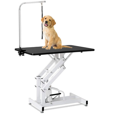 petgroomingtable 42.5 Inch Hydraulic Pet Dog Grooming Table Drying Table Heavy Duty Stainless Steel Frame with Adjustable Arm and Noose 330 lbs Capacity Height Range 21-36 Inch
