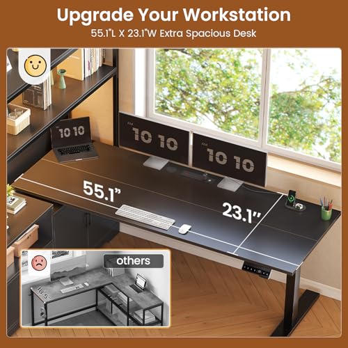 SEDETA 56.7" L Shaped Standing Desk, Reversible Computer Office Desk with Drawers & Hutch, Stand Up Corner Gaming Desks with LED Lights & Power Outlets for Home Office, Black SEDETA