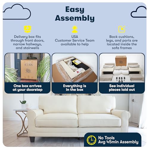 Serta Copenhagen 61" Rolled Arm Sofa, Easy Care Polyester, Soft Pillow Back, Pocket Coil Seat Cushions, Removable Covers, Loveseat or Couch for Small Spaces, Living Rooms or Bedrooms, Cream White Serta