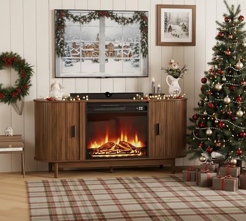 Jluomei Electric Fireplace TV Stand for 65 60 70 Inch TV, Fluted TV Stand, Entertainment Center with Storage, Wood Media Console Cabinet with Sliding Doors, Adjustable Shelves, Living Room, Walnut Jluomei