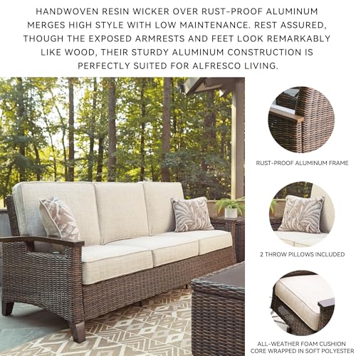 Signature Design by Ashley Paradise Trail Outdoor Patio Sofa with Cushion and 2 Pillows, Brown & Beige Signature Design by Ashley