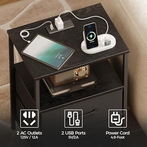 TRIFEBLE Nightstands Set of 2, Night Stand with Charging Station and Led Lights, Bedside Table with 2 Fabric Drawers for Bedroom, Small Side End Table with Open Shelf, Black TRIFEBLE