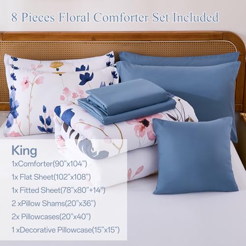 Anibedding Blue Floral Comforter Set King Size, 8 Piece Botanical Flower Bed in a Bag, Reversible Design Comforter, Soft Microfiber Complete Bedding Sets for All Season (Blue,90"x104") Anibedding
