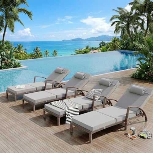 Garvee Outdoor Chaise Lounge Set of 2, 5-Position Adjustable PE Wicker Reclining Chairs with Wheels & 3.5" Cushions, 400 lbs Capacity All-Weather Patio Furniture for Poolside, Garden, Beach(Gray)