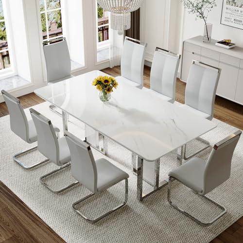MEMUY 79" Modern Dining Table Set for 8,White Dining Room Table Set with Silver Chrome Pedestal,79" Glossy Kitchen Room Table Set for 8-10 Person,Dining Room Table with 8 Chairs,Faux Marble MEMUY
