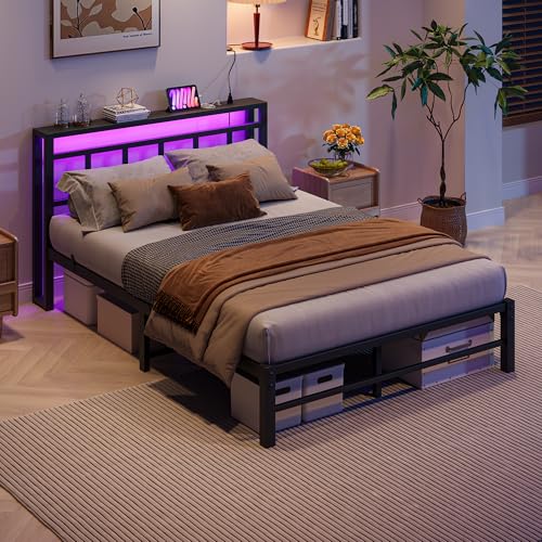 Maliacife Full Size Bed Frame with Headboard,LED Light and Charging Station with Wood Shelves,Metal Platform Bed with Heavy Duty Slats Support,No Box Spring Needed,Easy Assembly,Noise Free,Black Maliacife