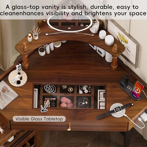 Merax Corner Vanity Desk Set with Storage Cushioned Stool & Charging Station, Triangle Makeup Desk with Removable Pull-Out Side Cabinet, Glass Tabletop Makeup Vanity with Drawer & Shelf, Walnut Merax