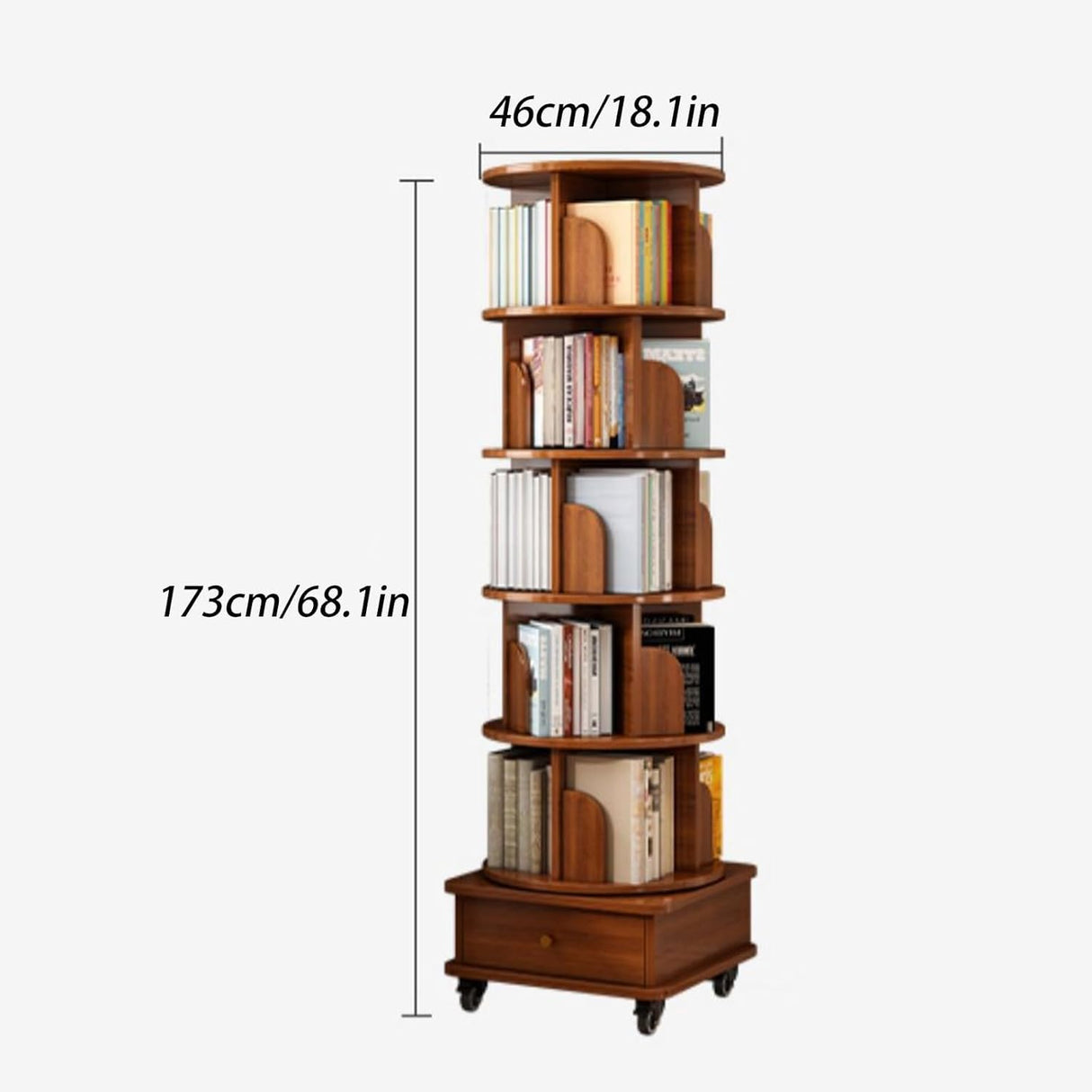 6 Tier Rotating Bookshelf Tower - Round Bookcase Rotating with 360° Rotating Design and Free Assembly Mode, Standing Bookshelf Tower with Drawer and Wheels, Revolving Bookcase for Study Room, Walnut TXFTRR