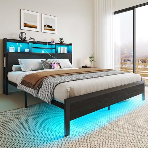 Rolanstar Queen Bed Frame with Storage Headboard & Side Shelf, Metal Platform Bed with Charging Station, LED Bed Frame, Easy Assembly, Noise-Free, Black Rolanstar
