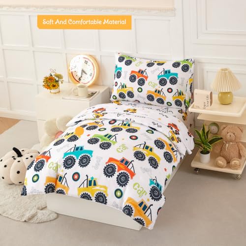 PERFEMET Toddler Bedding Set 4 Pieces Bed Set for Boys All Seasons 1 Deep Pocket Sheet and 1 Lightweight Comforter Soft Cute Colorful Pattern Cozy Children Bedroom Cars White PERFEMET