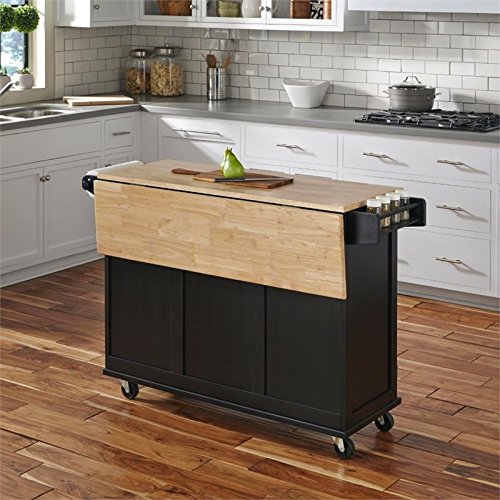 Pemberly Row Mobile Kitchen Island Cart w/Wood Drop Leaf Breakfast Bar in Black Pemberly Row