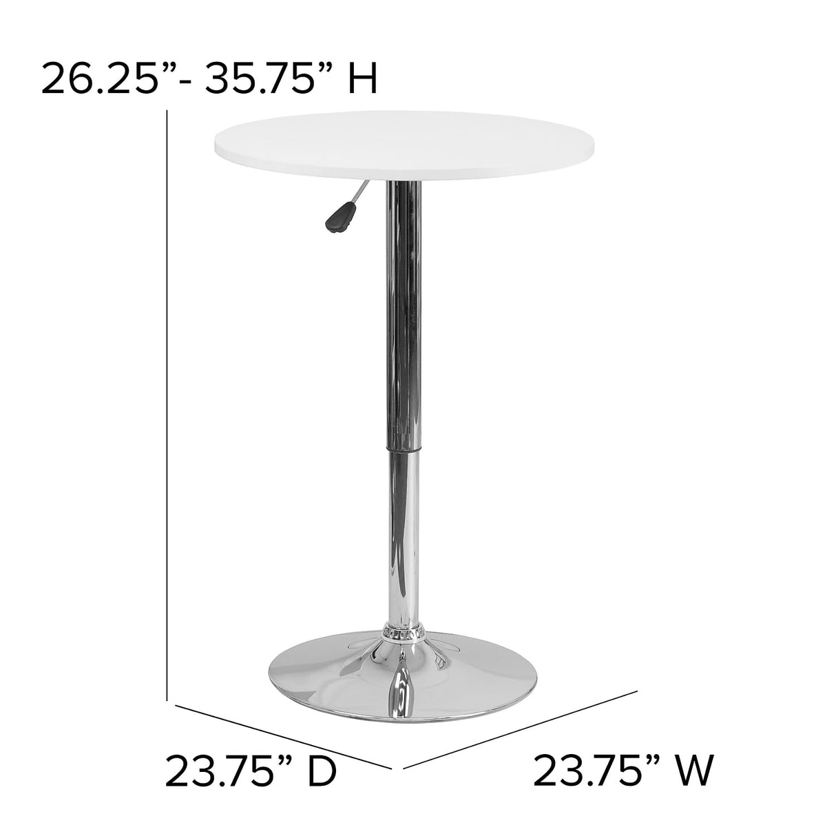 Flash Furniture Pearl 23.75'' Round Wood Dining Table with Chrome Base, Narrow Round Wood Cocktail Table, Adjusts 26.25'' - 35.75"H, White/Silver Flash Furniture
