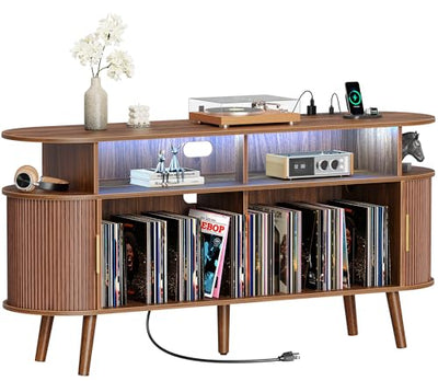 PRAISUN 54 Inch Larger Record Player Stand with Power Outlets & 3-Color Lights, Vinyl Record Stand with 2 Fluted Cabinets, USB-C Port, Mid Century Modern Player Stand, Open Storage, Walnut