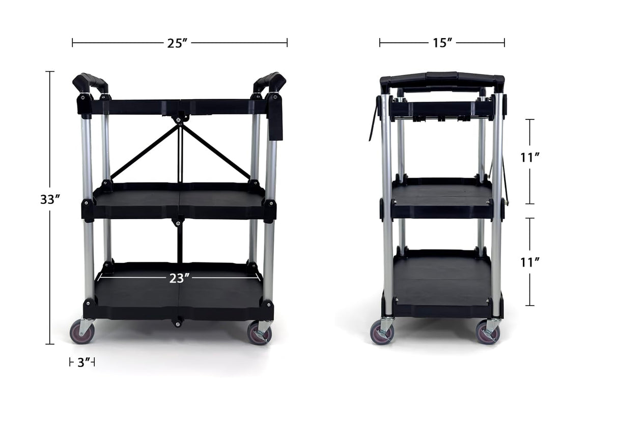 Portable Folding Service Cart | Heavy-Duty Utility Service Cart | 3 Tier 330LBS Capacity | Rolling Cart Utility Cart Foldable Cart | Black. Farag Janitorial