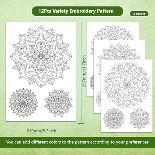 BENECREAT 4 Sheets 12 Pcs Mandala Water Soluble Embroidery Pattern, Stick and Stitch Embroidery Paper Designs, Embroidery Starter Kit for DIY Craft, Sewing Embroidery