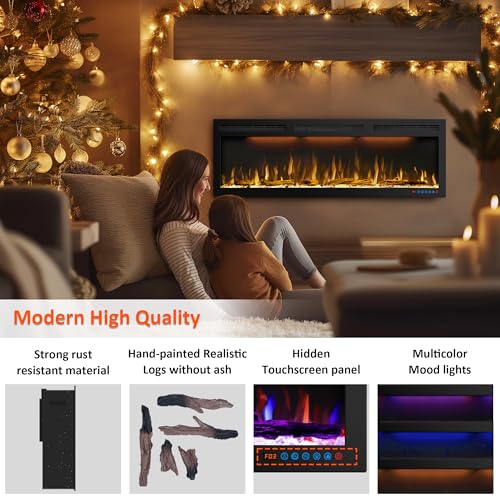 60 inches Electric Fireplace, Recessed and Wall Mounted Fireplace Heater and Linear Fireplace Inserts, with Timer, Remote Control, Adjustable Flame & Light Colors, 750W/1500W, Black Dreamflame