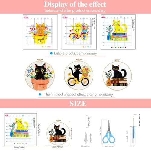 LSLFQYQSK Beginners Embroidery Kits - Cute Kitten DIY Cross Stitch Kits,Including,Stamped Flower Patterns,Hoop,Color Threads,Tools (Style C)