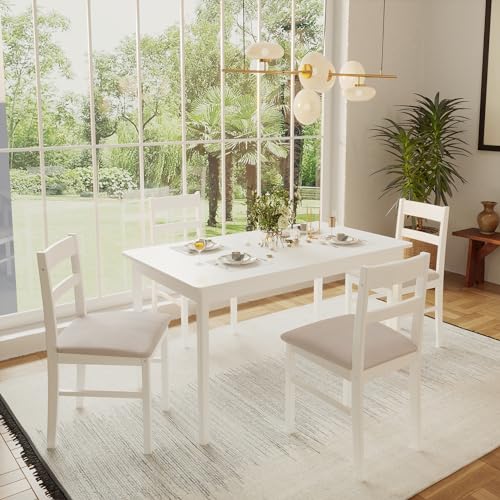Orweiin 5-Piece Solid Wood Indoor Modern Rectangular Dining Table Set for 4,Table and Chairs 4 Set with Soft Cushions for Kitchen,Bar,Living Room,Breakfast Nook,White Orweiin