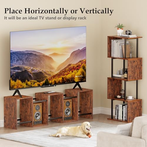 Furologee 6-Tier S-Shaped Geometric Bookshelf - Industrial Freestanding Display Unit in Rustic Brown Furologee