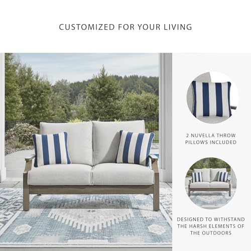 Signature Design by Ashley Rainier Ranch Casual Weather Resistant Outdoor Loveseat with Cushion and 2 Accent Pillows, Light Brown & Light Gray Signature Design by Ashley
