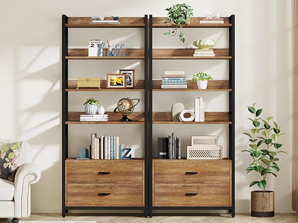 Tribesigns 70.8" Rustic Brown Industrial Bookshelf with Drawers and Open Shelves Tribesigns