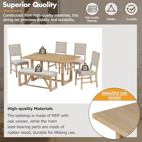 Merax Farmhouse Wood 6-Piece Dining Set, 59.6 inch Rectangular Table, 4 Upholstered Chairs and 1 Bench for Kitchen, Natural Merax