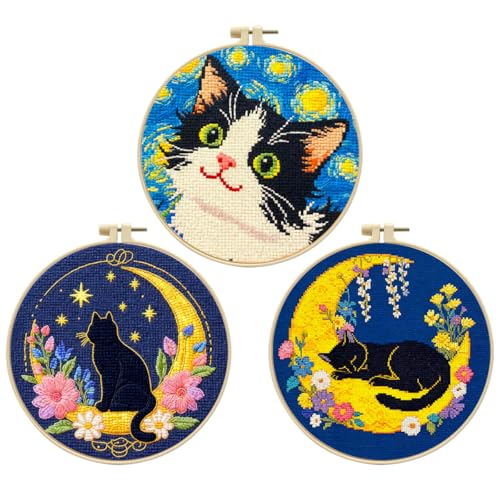 LSLFQYQSK Beginners Embroidery Kits - The Little Cat at Night DIY Cross Stitch Kits,Including,Stamped Flower Patterns,Hoop,Color Threads,Tools (Style C)
