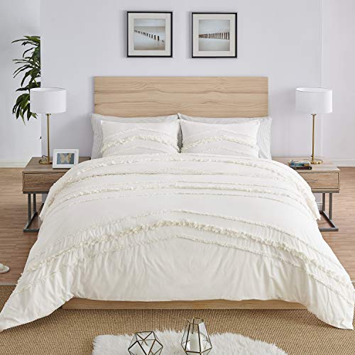 Bohemian Boho Chic Ivory Macrame Tufted Tassel 3 pc. Full / Queen Size Bed Bedding Set Duvet Comforter Cover Sham Solid Cream Textured Minimalist Off White Cotton Fringe Farmhouse Indie Neutral Rustic KB & Me