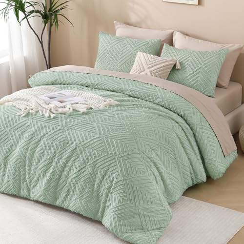 Andency King Comforter Set, Sage Green Boho Lightweight and Fluffy Bedding Set for King Bed, 3 Pieces Tufted Farmhouse Design for All Seasons (104x90Inches, 1 Comforter and 2 Pillow Shams)